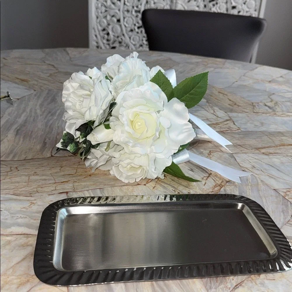 Ross Silver Rectangular Vanity Tray Fluted Border Metallic 9.5x4.5 Made in India